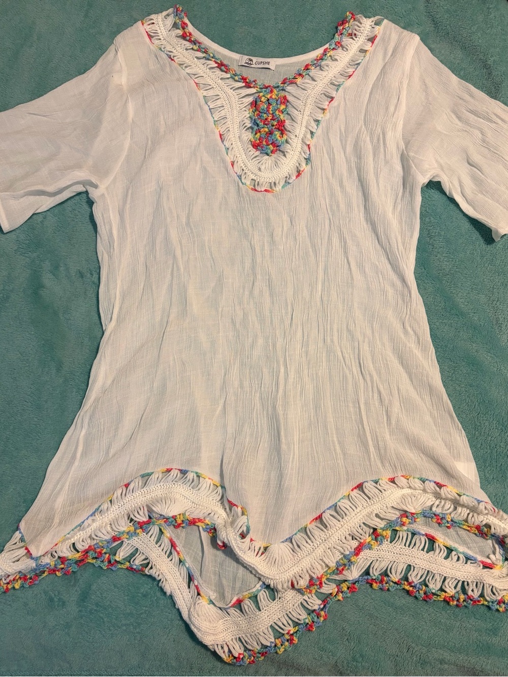 Cupshe White V-Neck Crochet-Trim Tunic with Multicolor Braid Detail